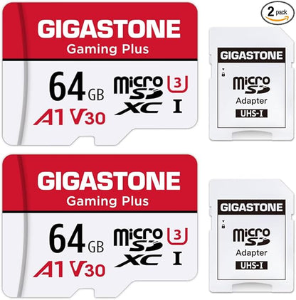 【For Switch 1 Only】 GIGASTONE 64GB Micro SD Card 2-Pack, Gaming Plus, MicroSDXC Memory Card for Nintendo-Switch, 4K UHD Video Recording, UHS-I U3 C10 A1 V30, up to 90MB/s, with Adapter
