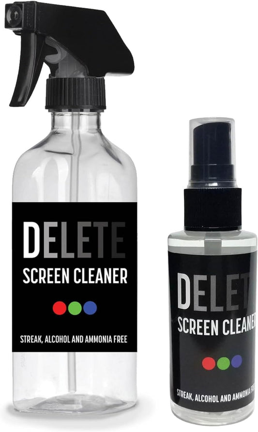 Delete Screen Cleaner Spray Kit, 2 Pack, 16oz and 2oz Bottle and 12"x12" Microfiber Cleaning Cloth, Streak-Free, Safe and Gentle Formula, Multi-Purpose for TVs, Computers, Monitors, Smart Phones