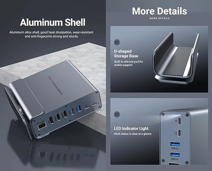 Vertical Laptop Docking Station 3 Monitors, 15-in-1 USB C Dock Station Hub Triple Display with 2X 4K HDMI & 1x DP, 10Gbps USB-C and USB-A 3.2 Data, 100W PD Charging+Ethernet+SD/TF+Audio