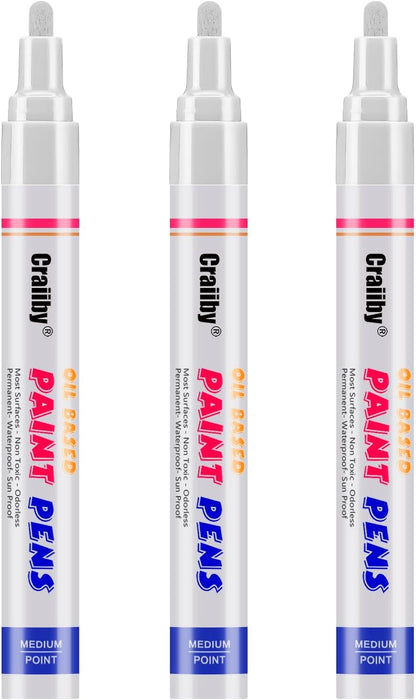 White Paint Markers, 3 Pack Oil-Based Waterproof Quick Dry Permanent Paint Pen Set for Rocks Painting, Wood, Fabric, Plastic, Canvas, Glass, Mugs, Metal, Tire, Stone, DIY Craft