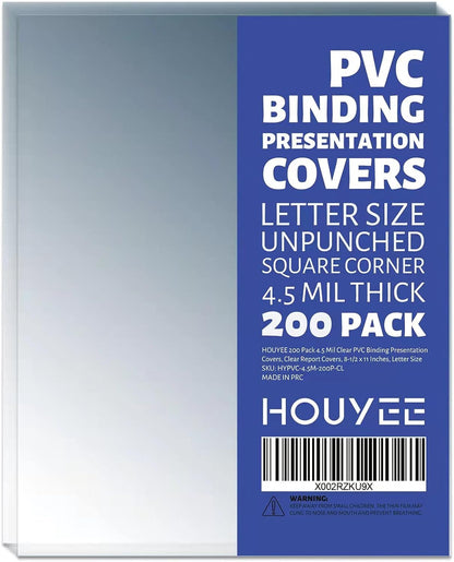 HOUYEE 200 Pack 4.5 Mil PVC Binding Presentation Covers,Clear Report Covers,8.5x11 Inches,Letter Size