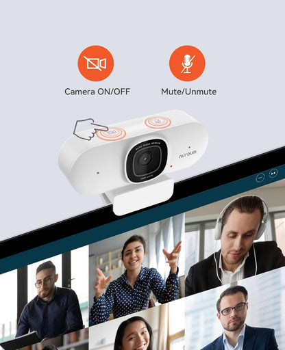 NUROUM V15AF 2K Webcam for PC, 1080p 60FPS AutoFocus Web Camera with Microphone, Privacy Cover and Mute, 75°FOV Dual Microphone USB FHD Computer Camera, Plug and Play for Zoom/Skype/Teams, White