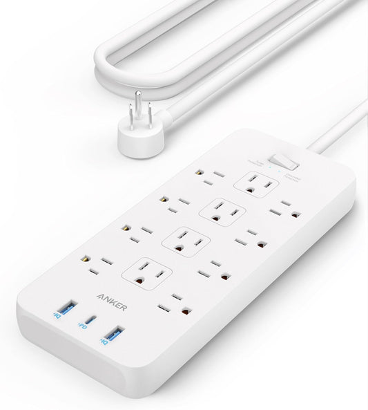 Anker Power Strip with 3 USB Ports, Surge Protector (2100J-5ft), 12 Outlets with 2 USB-A Ports and 1 USB-C Port,Flat Plug, Works with iPhone 16/16 Plus/16 Pro/16 Pro Max,for Home,Office, TUV Listed