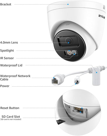 ANNKE C800 4Pcs Ultra HD 4K PoE Security Cameras with AI Human/Vehicle Detection, 8MP Turret IP Camera with Audio, Spotlight Color Night Vision, H.265+, IP67 Weatherproof, Support 512GB Micro SD