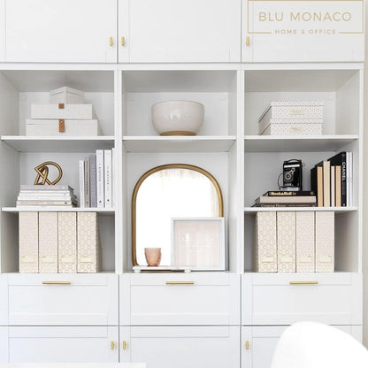 BLU MONACO Decorative Foldable Magazine Storage Boxes for Desk - Set of 4 Gold Magazine Holders with Cream Woven Design – Vintage Magazine File Organizer – Book Bins & Office Décor Storage Solution