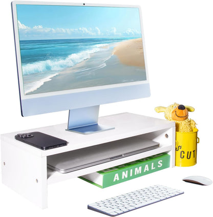 Monitor Stand Riser, 2 Tier Computer Stand, Desk Organizers and Accessories, Desktop Shelf with Storage for TV Screen PC Printer (White-18.9inch)