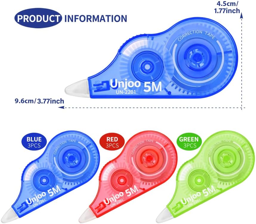 White Correction Tape, Easy To Use Applicator, Fast Clean Tear-Resistant Tape For school Supplies, Office (9-pack, 5M/196, Red, Green, Blue, Tape Width 0.2in)