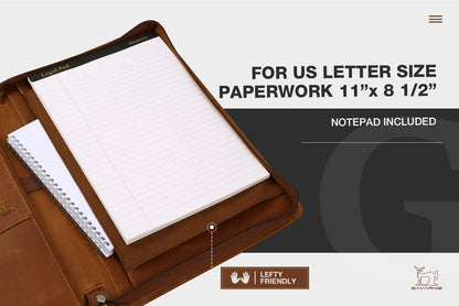 Genuine Leather Business Portfolio Padfolio Folder with Zipper for Men, Men's Leather Padfolio Folder for 13" Laptop, Business Portfolio with Letter Size Notepad, Graduation Gift，Brown