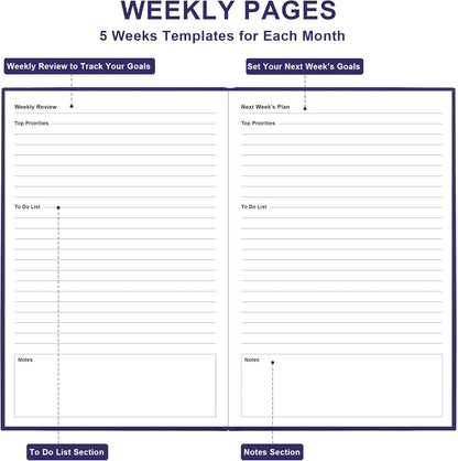 Daily & Monthly Planner for 2025 2026 or Anytime - ADHD Planner Two Pages Per Day, Daily Planner Undated to Increase Focus, Eliminate Overwhelm, Achieve Your Biggest Goals, 5.8'' × 8.3'', Purple