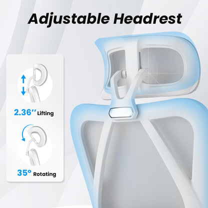 Farini Ergonomic Office Chair with Footrest, Mesh Office Desk Chair with Headrest, High Back Computer Chair with Adjustable Lumbar Support for Home Office Study Room Bedroom, White & Grey