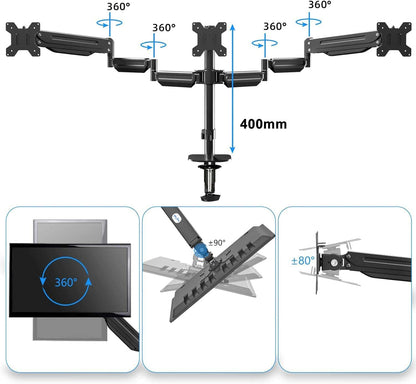 suptek Triple Monitor Mount for Most 17 to 32 inch Screens,Gas Springs Adjustment Triple Monitor Desk Mount Stand with Clamp & Grommet Kit,Black(MD8003)