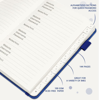 JUBTIC Password Book with Alphabetical Tabs. Medium Size Password Keeper Logbook for Internet Log in, Website Address. Hardcover Password Journal Notebook & Organizer for Home Office, Arabian Blue