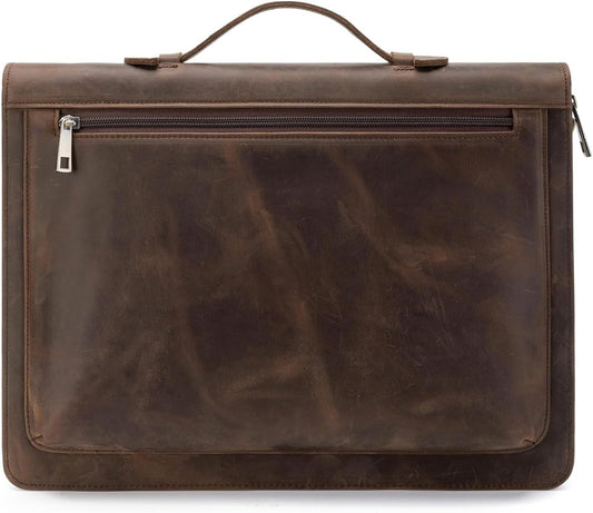 Handmade Vintage Crazy Horse Leather Portfolio,Business Organizer Padfolio with Handle, for iPad Pro/Microsoft Surface Pro/13 inch Tablet, Dark Khaki