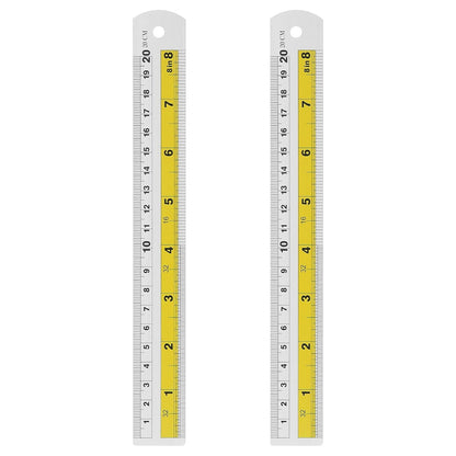 HARFINGTON 2pcs Metal Straight Ruler 20cm Metric SAE Aluminum Alloy Measuring Rulers Scale Tool with Hole for Measure Study Reading Classroom Office, Yellow