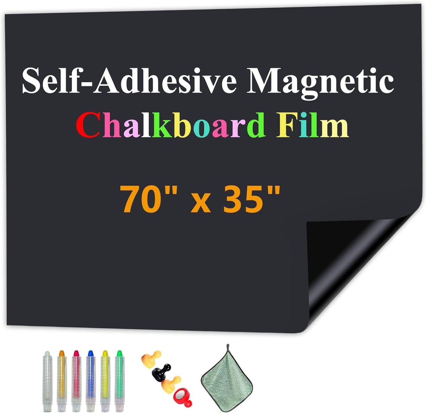 Magnetic Chalkboard Contact Paper with Adhesive, 70" x 35" Magnetic Blackboard Film for Walls, Peel and Stick – Ideal for Office, Classroom, Home. Includes Dustless Chalk, Wiping Cloth, and Magnet