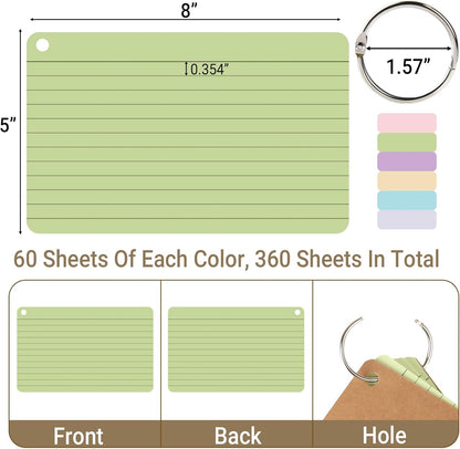 6 Pack 360 Pcs Lined Index Cards 5 x 8 Inches, Assorted Colored Flash Cards with Ring, Lined Note Cards Study Flashcards for School, Office, College