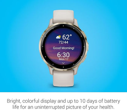 Garmin Venu 3S Running GPS Smartwatch with AMOLED Display, Advanced Health, Fitness Features, Up to 14 Day Battery Life with Signature Power Bundle | Soft Gold with Ivory Silicone Band