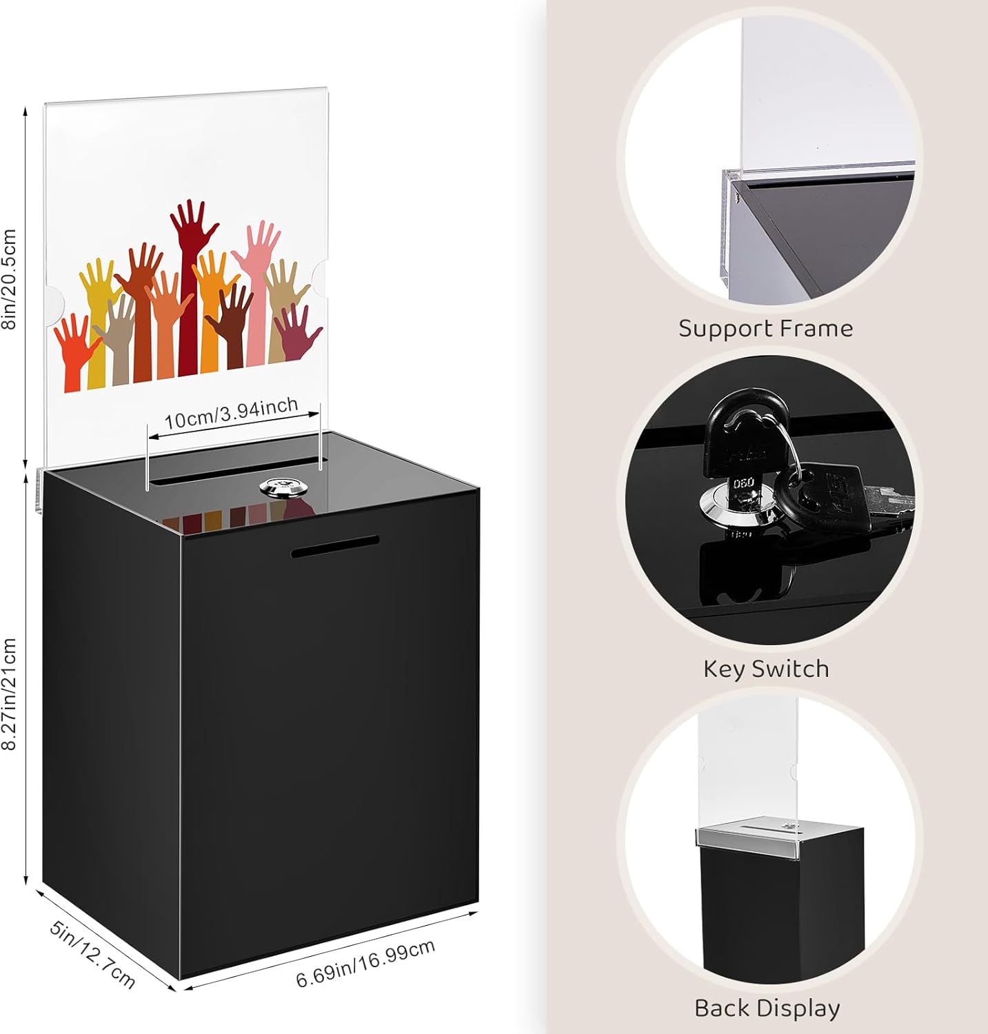 Marsui Acrylic Suggestion Box Large Donation Box 16 x 6.7 x 5 Inch Safe Ballot with Lock and Sign Holder for Voting Charity Business Cards Collection Display Ticket Comment(Black)