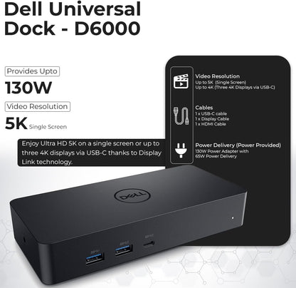 Dell D6000S Universal Dock Bundle with 130W Power Adapter – USB-C, Dual DisplayPort with 4K HDMI Cable + 4K DisplayPort Cable + USB-C Cable + Microfiber Cloth - Supports 4K Display (Renewed)