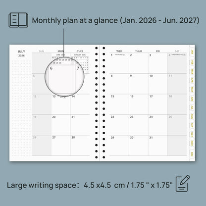 POPRUN Monthly Planner 2026-2027 Spiral Hardcover (8'' x 10''), 18 Months Calendar (Jan.2026-Jun.2027) - 2 Pages per Month with Dotted Note Pages, Sunday Start, Laminated Tab - Pacific Green