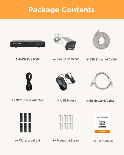 NVR Security Camera System 5MP, 6X 5MP Wired Security IP Bullet PoE Camera with Human Detection, 2 Way Audio, Smart Dual Light Full Color Night Vision, 4K 8CH NVR 2TB HDD, PB65A0608-5MD