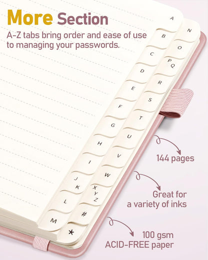 WEMATE Password Book with Alphabetical Tabs, Spiral Password Keeper Book for Seniors, Internet Password Notebook Password Journal Logbook Log in Detail, Small – 4.7''x 6'' (Rose Gold)