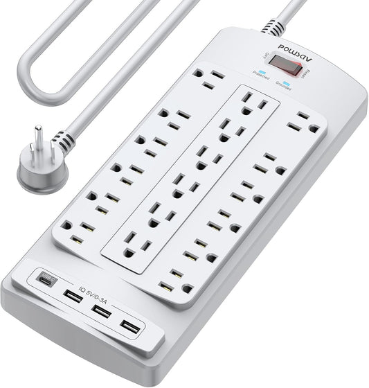 18 Outlets Surge Protector Power Strip - 10 Feet Flat Plug Heavy Duty Extension Cord with 18 Widely Outlets and 4 USB Ports, 2100 Joules, Grey, ETL Listed