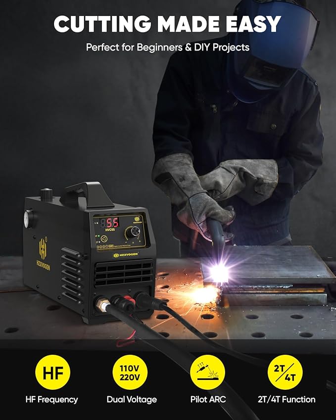 H HZXVOGEN Plasma Cutter 55A Non Touch Pilot Arc Plasma Cutters 110/220V Dual Voltage, Digital Display DC IGBT Inverter HF Air Plasma Cutting Machine, 1/2" Clean Cut 4/5" Max Cutting & 2T/4T(HVC55)