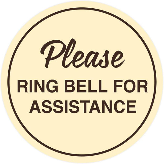 Signs ByLITA Circle Please Ring Bell For Assistance Wall or Door Sign | Easy Installation | Front Desk Reception Sign (Ivory/Dark Brown) - Small (10 Pack)