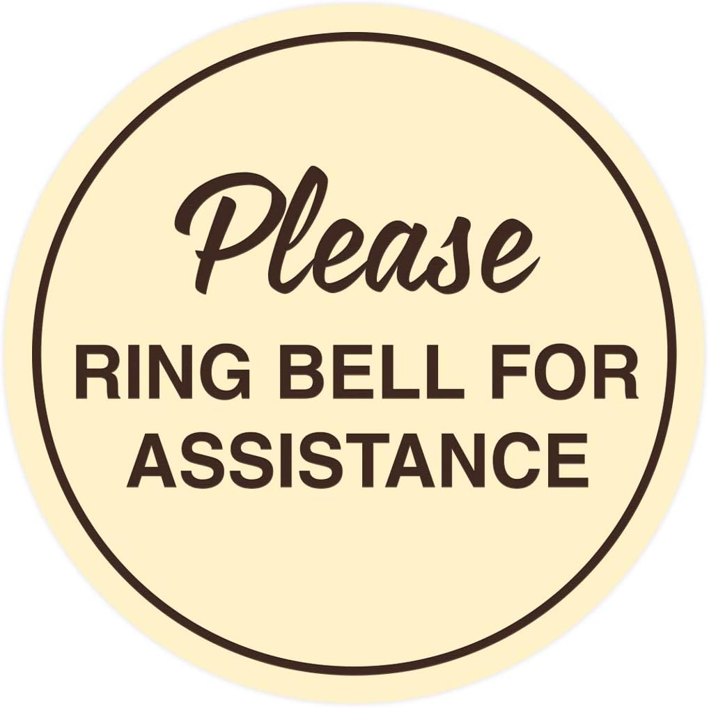Signs ByLITA Circle Please Ring Bell For Assistance Wall or Door Sign | Easy Installation | Front Desk Reception Sign (Ivory/Dark Brown) - X-large (10 Pack)