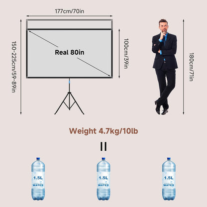 Projector Screen with Stand, 80 Inch Portable Projector Screen Outdoor Indoor, 1.2 Gain Fiberglass Projection Screen, 16:9 Outdoor Movie PVC Screen with Carrying Bag for Movie Night (Grey Screen)
