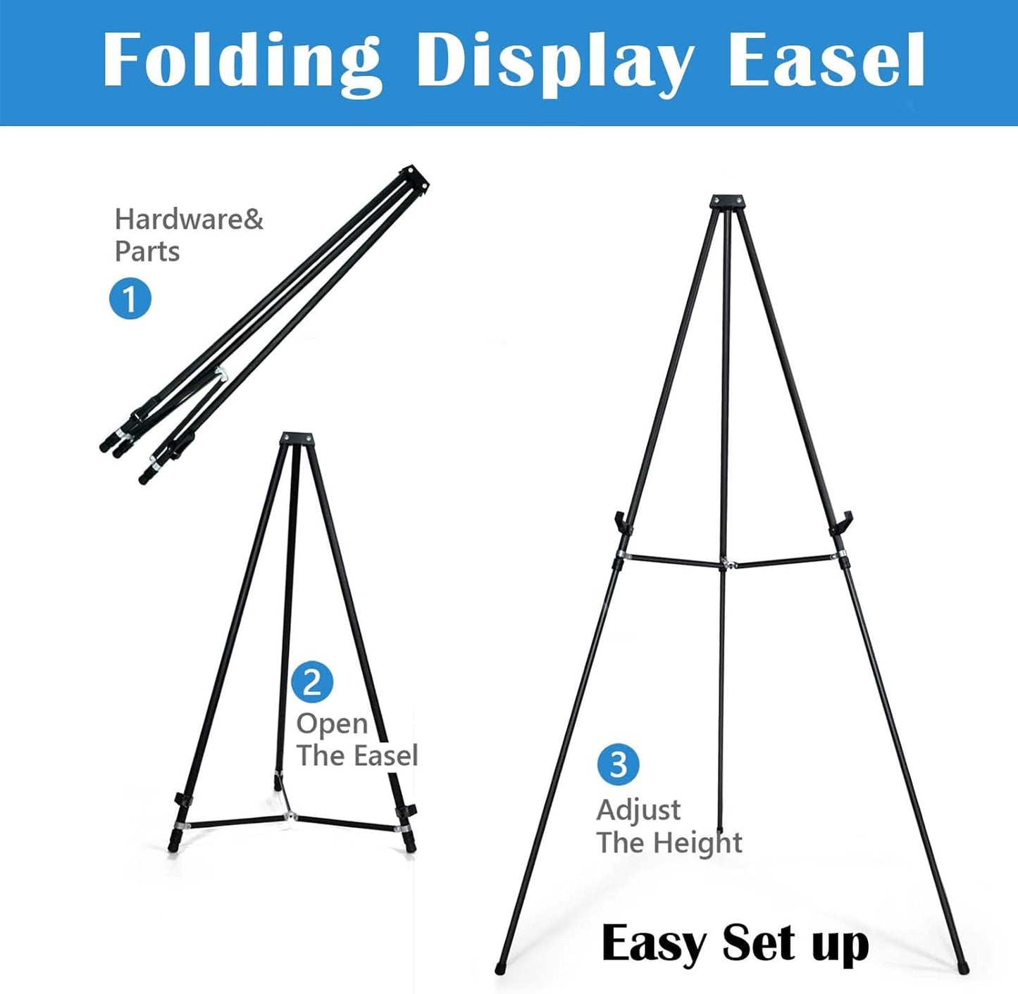 Falling in Art 66" High Black Aluminum Display Easel Stand, Large Adjustable Height Presentation Stand, Portable Tripod Holding Signs, Posters, and Whiteboards Up to 25lbs