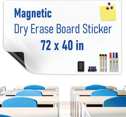 Large Magnetic Whiteboard Sticker Dry Erase Board for Wall - Adhesive Backing & No Ghosting 72" x 40" Dry Erase Board for Classroom Office Home Include Starter Kit