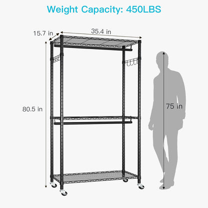 P1 Heavy Duty Garment Rack, 3 Tiers Adjustable Rolling Metal Closet Organizer with Lockable Wheels, FreeStanding Wardrobe with Double Hanger Rods & 1 Pair Hooks, Max Load 450 LBS, Black