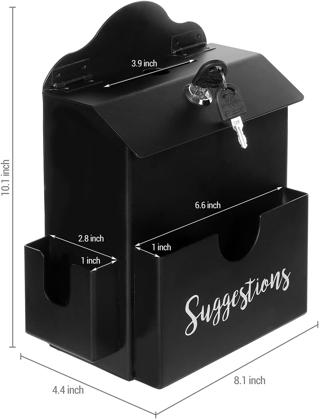 MyGift Classic Matte Black Metal Suggestion Box with Cursive Suggestions Lettering, Wall Mounted or Tabletop Comment Box with Lock, Keys, Paper Sheet and Pen Holder Slots