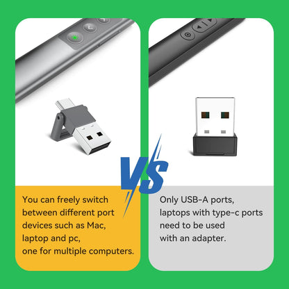 Metallic Presentation Clicker Presenter Remote - Rechargeable Wireless Presenter with Green Laser Pointer, 2 in 1 USB Clicker for PowerPoint & Google Slides, Compatible with MacBook/PC