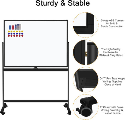 H-Qprobd 48"x36" Mobile Whiteboard Double-Sided Magnetic Dry Erase Board on Wheels - Comercial Rolling White Boards with Sturdy Stand for Home, Office & School