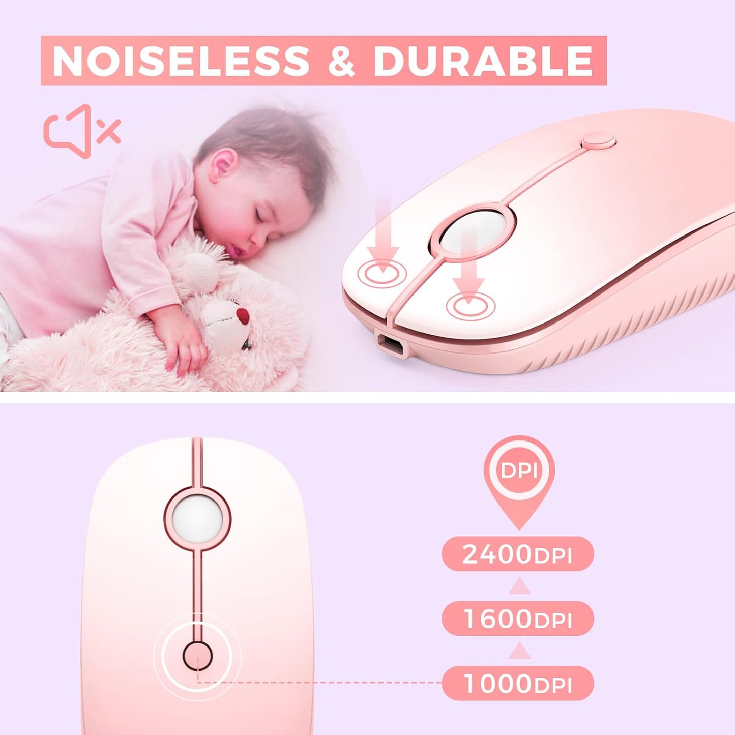 VssoPlor Type C Wireless Mouse, USB C MacBook Wireless Mouse Dual Mode 2.4G Cordless Mice with Nano USB and Type C Receiver Compatible with PC, Laptop, MacBook, ipad-Gradient Pink