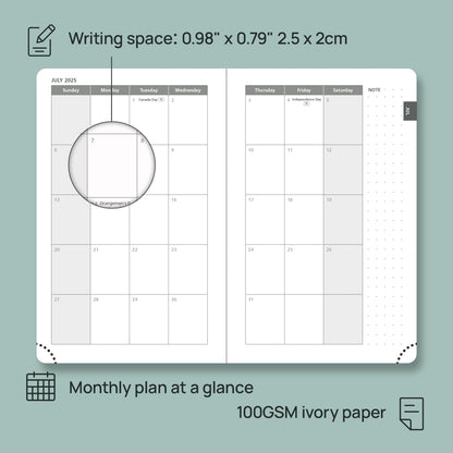 POPRUN Pocket Planner 2025-2026 (Purse Size 4'' x 6.25'') Academic Small Calendar (July 2025 - June 2026) with Hourly Time Slots, 100GSM Thick Papers, Leather Soft Cover - Pacific Green
