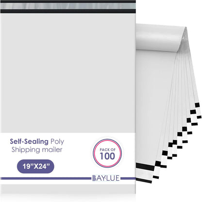 White Large Poly Mailers 19x24 Inch | Strong Adhesive Self-Seal Mailer Bags | Tear, Tamper, Water Resistant Shipping Envelopes | Thick Strong polymailer Bags XL Clothing Shipping Bags | 100 Pcs Bulk