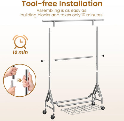 Double Rods Clothing Rack, Heavy Duty Clothes Rack for Hanging Clothes Load 560LBS, Metal Rolling Garment Racks with Wheels, Freestanding Clothes Hanging Racks, Silver