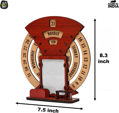 GKD Wooden Desk/Table Calendar to Lifetime Infinite Calendar 2025 with Desk Organizer and Photo Frame for Office/Home (‎Red)