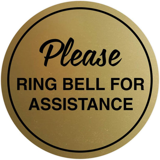 Signs ByLITA Circle Please Ring Bell For Assistance Wall or Door Sign | Easy Installation | Front Desk Reception Sign (Brushed Gold) - Medium (10 Pack)