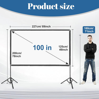 Projector Screen with Stand, Qoolfoto 100 Inch Portable Projector Screen & Tripod, Indoor Outdoor Projection Screen 16:9 4K HD Wrinkle-Free Movie Screen with Carry Bag for Backyard Party Home Theater