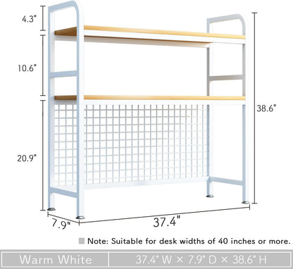IOTXY 2-Tier Desktop Hutch Bookshelf - Metal Desk Shelf Bookcase with Grid Panel, Countertop Storage Organizer Rack for Dorm or Office, White, 37.4" W