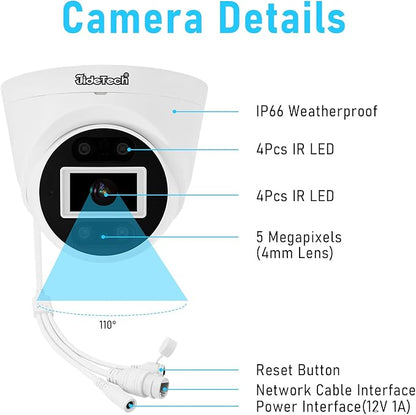 JideTech 8MP PoE IP Turret Camera Outdoor, Metal 4K IP Dome Camera Indoor, 2.8mm Lens Wide Angle, Human Vehicle Motion Detection, 98ft Dual Light Color Night Vision, IP66, RTSP,for Onvif NVR
