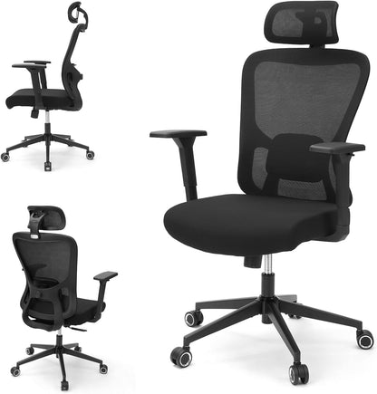 Ergonomic Office Mesh Chair, High Back Swivel Comfty Desk Chairs- 3D Armrest Adjustable Lumbar Support Capacity 400lbs and Headrest Wide for Home & Office, Bedroom (Black)