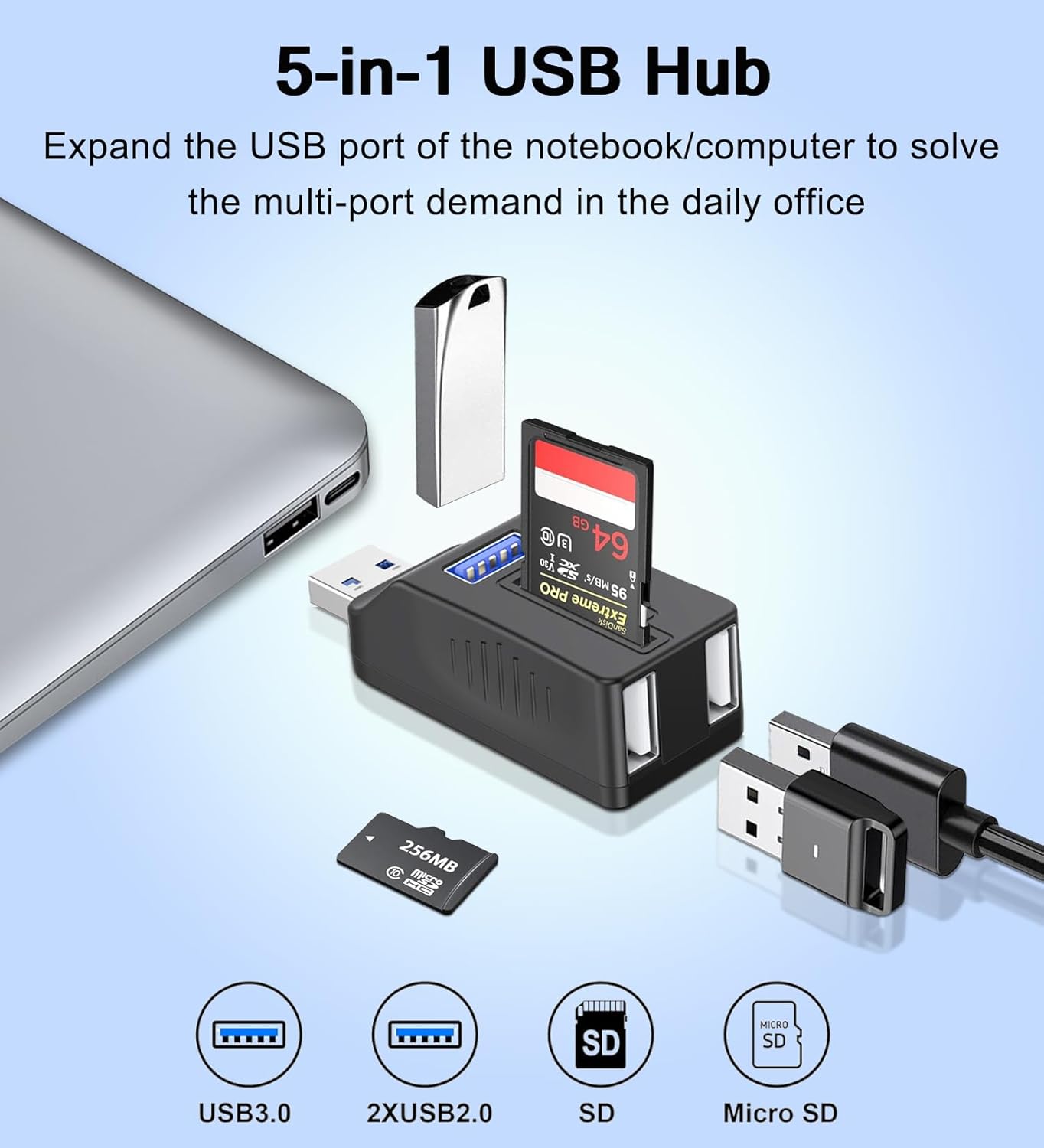 VIENON 5-Port USB 3.0 Hub with SD TF Card Reader, USB Extender Adapter with Memory SD/Micro SD Card Reader, USB 3.0/2.0 Ports, Portable USB Splitter for Laptop,PC, Camera, Flash Driver, HDD, Dash Cam