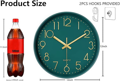 Modern Silent Wall Clock, 12 Inch Wall Clocks Battery Operated Large Number, Non-Ticking Analog Clock with Tempered Glass Quartz Clocks for Living Room Bedroom Office Kitchen, Dark Green