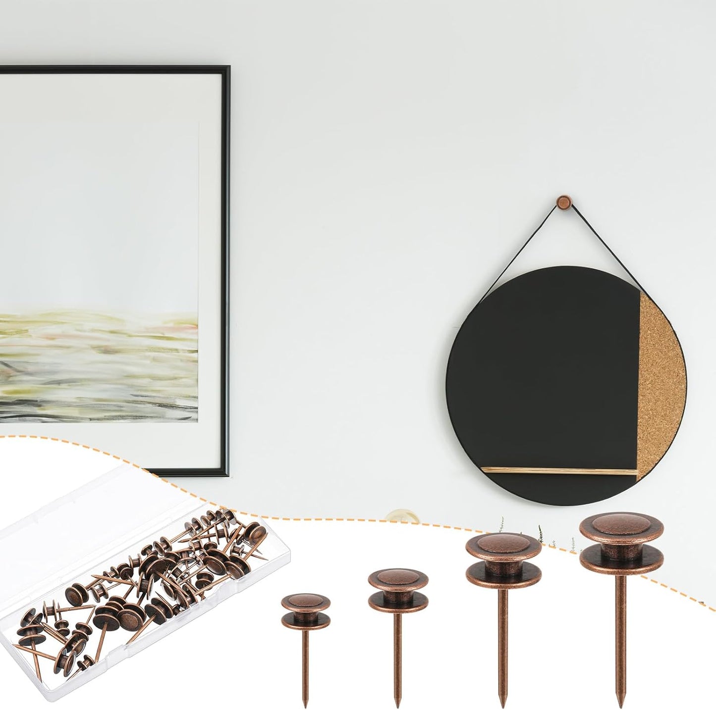 Ferraycle 40 Piece Double Headed Picture Hangers Nails 4 Size Long Thumb Tacks for Wall Hanging Decorative Nails Push Pins Picture Hooks for Drywall Photo Decor, 10/20/ 30/ 50lb(Red Antique)